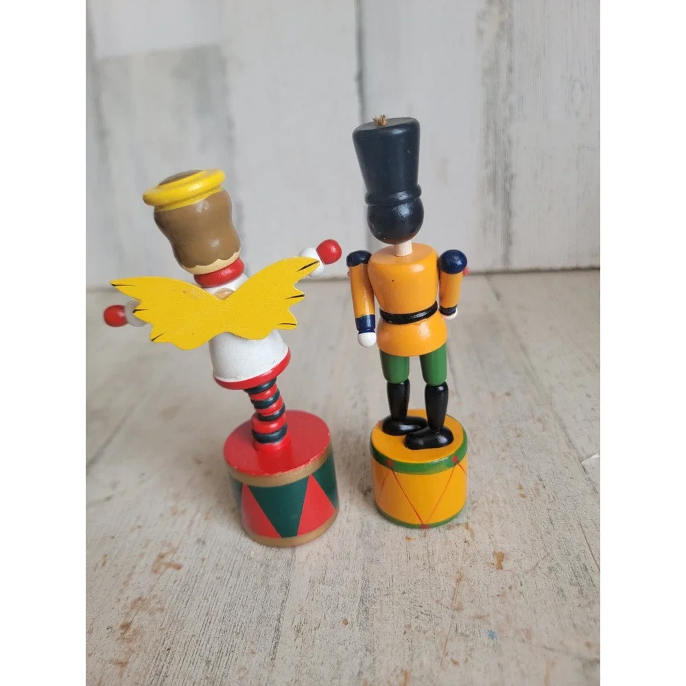 Vintage angel solider thumb push puppet toy set Xmas wooden unique